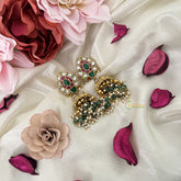 Vriksham Elegant Floral Kundan Jadau Jhumka-Red Green & White-White Gold & Aqua Green Pearls-J3210